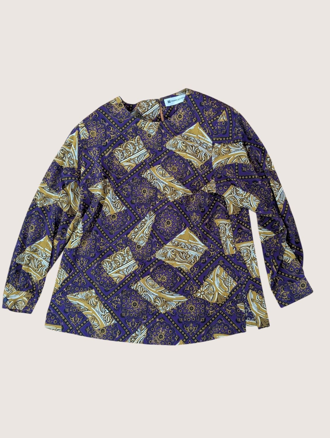 PIERRE BALMAIN Purple Paisley Print CDC  Shoulder Padded Top SZ S