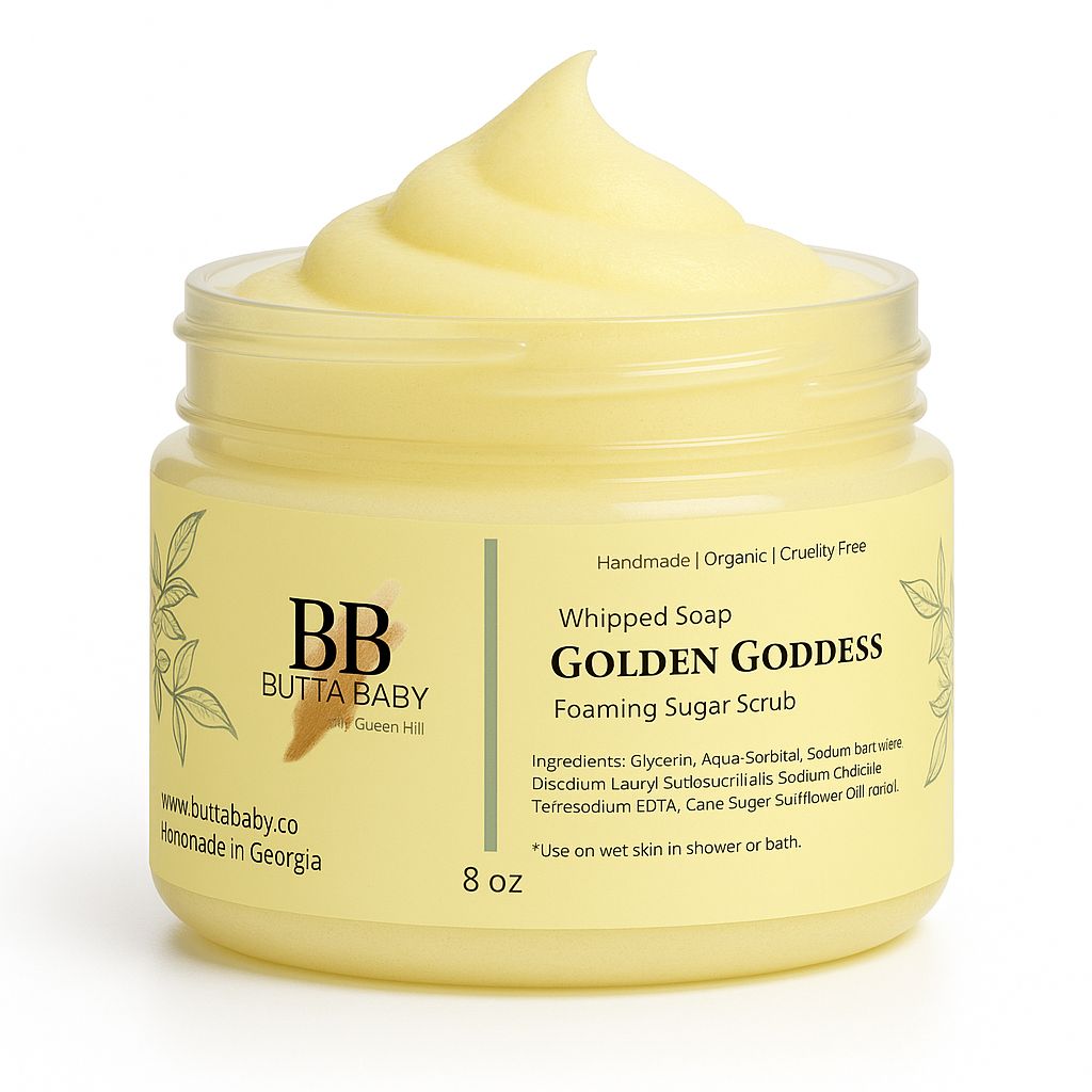 Golden Goddess Whipped Soap | Foaming Sugar Scrub 8oz | Cleanse + Exfoliate + Moisturize