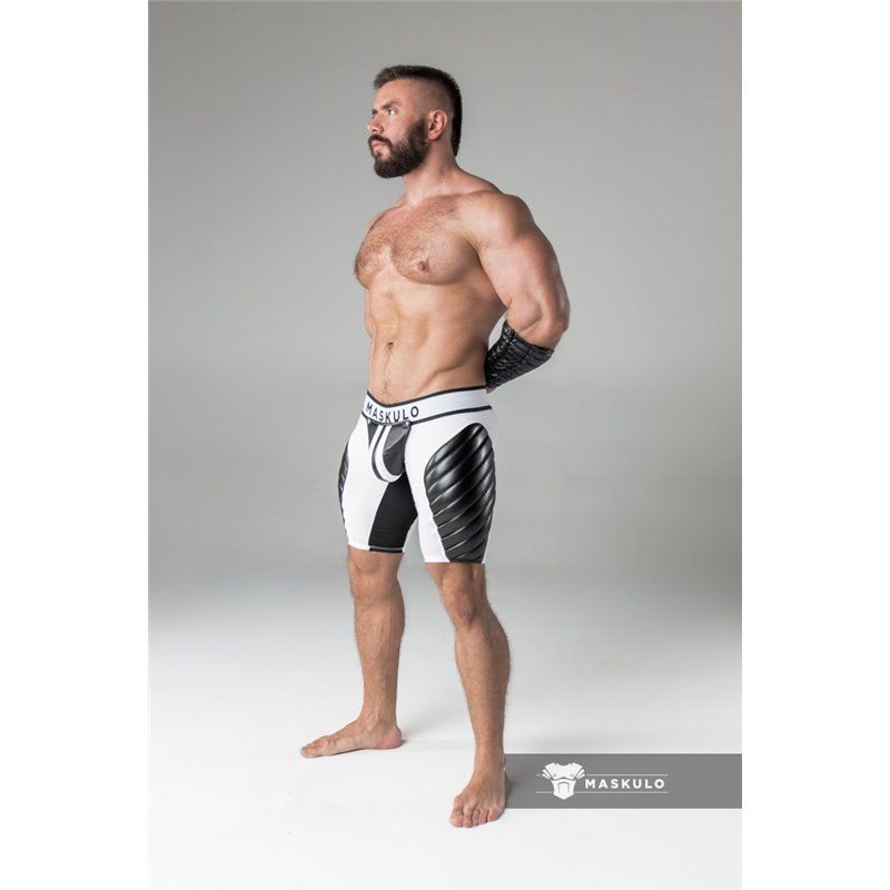 MASKULO - Men&#39;s Fetish Shorts Codpiece Zippered rear Full Thigh Pads White - 2XL