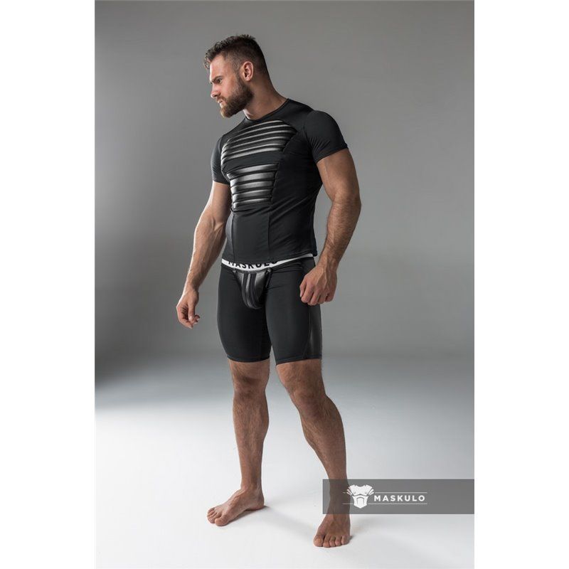 MASKULO - Armored Men&#39;s Fetish T-Shirt Spandex Front Pads Black - XL
