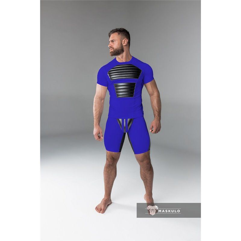 MASKULO - Armored Men&#39;s Fetish T-Shirt Spandex Front Pads Royal Blue - Large