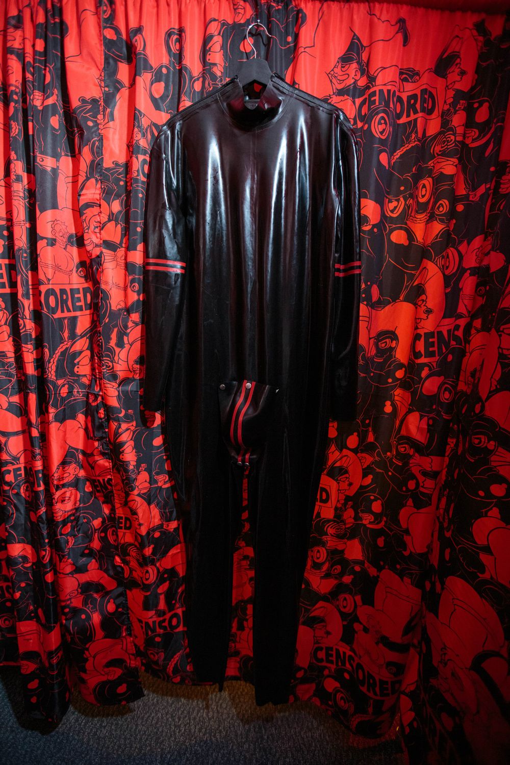 Kinky Zone black latex catsuit with codpiece