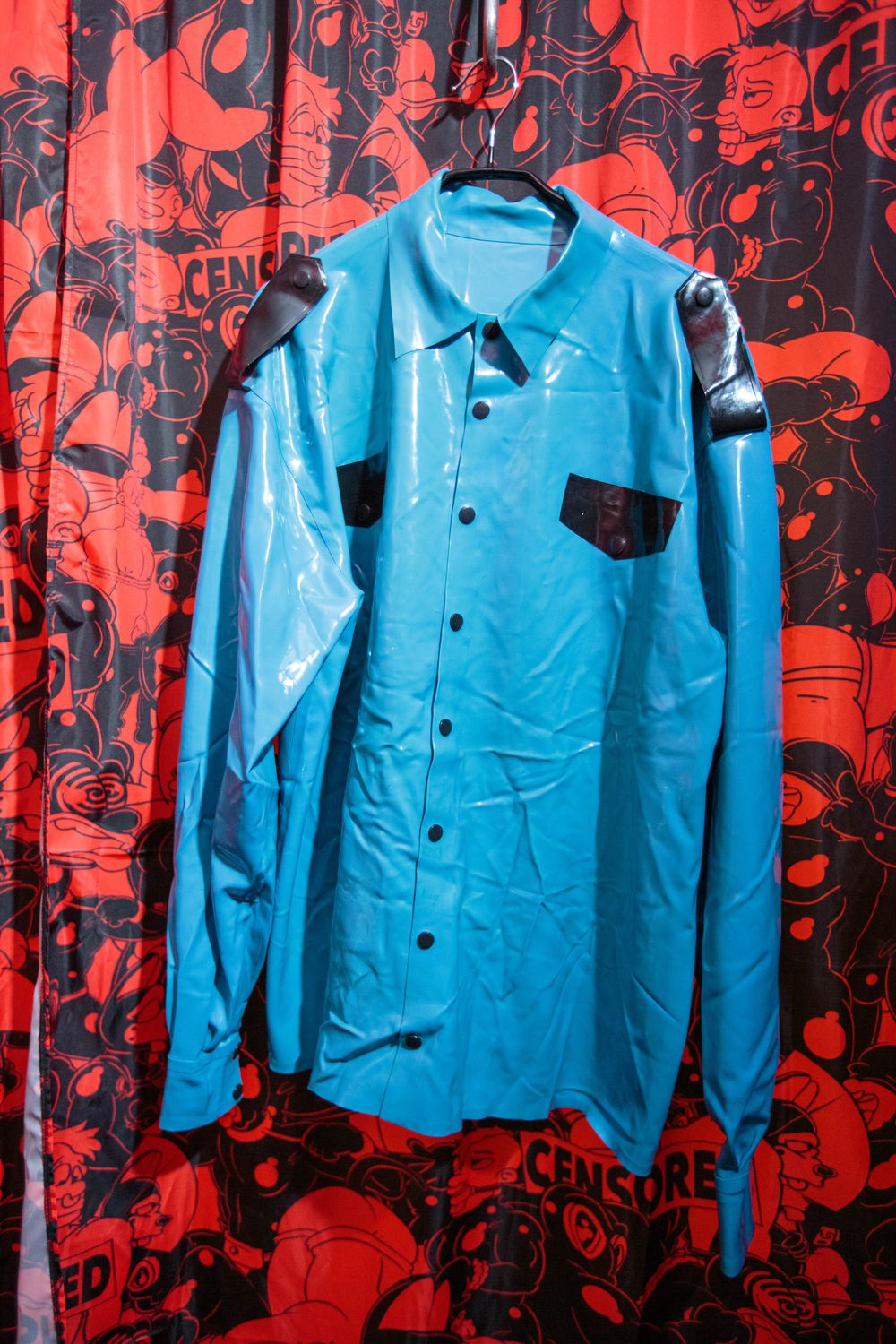 Blue latex long sleeve collared top