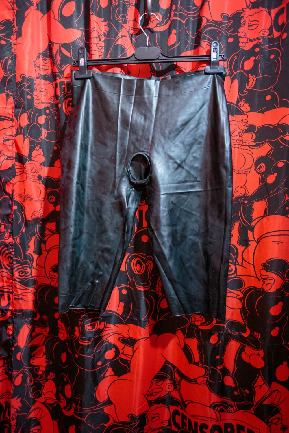 Black latex shorts with crotch hole