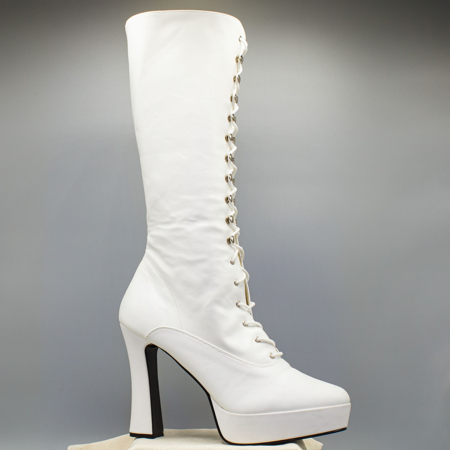White High Heel Leather Boots with Zipper