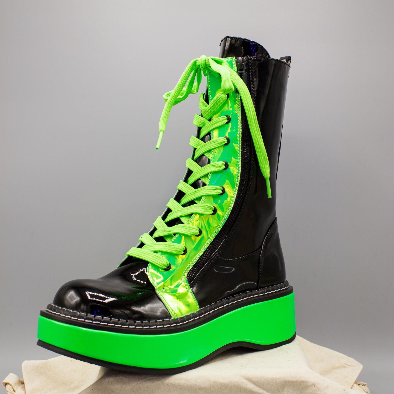 Black/Green PVC Boots with Zipper