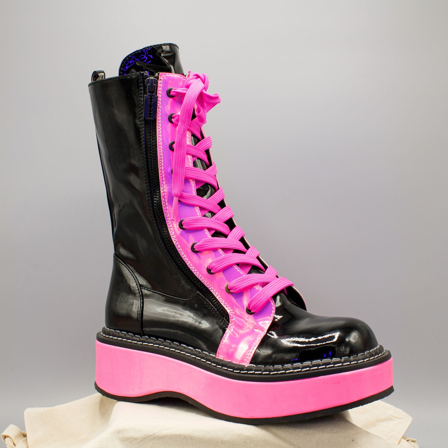 Black/Pink PVC Boots with Zipper