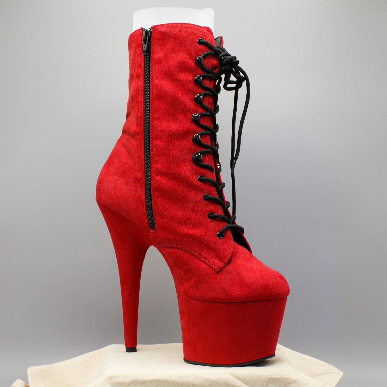 Red Suede High Heel Platform Boots with Zipper
