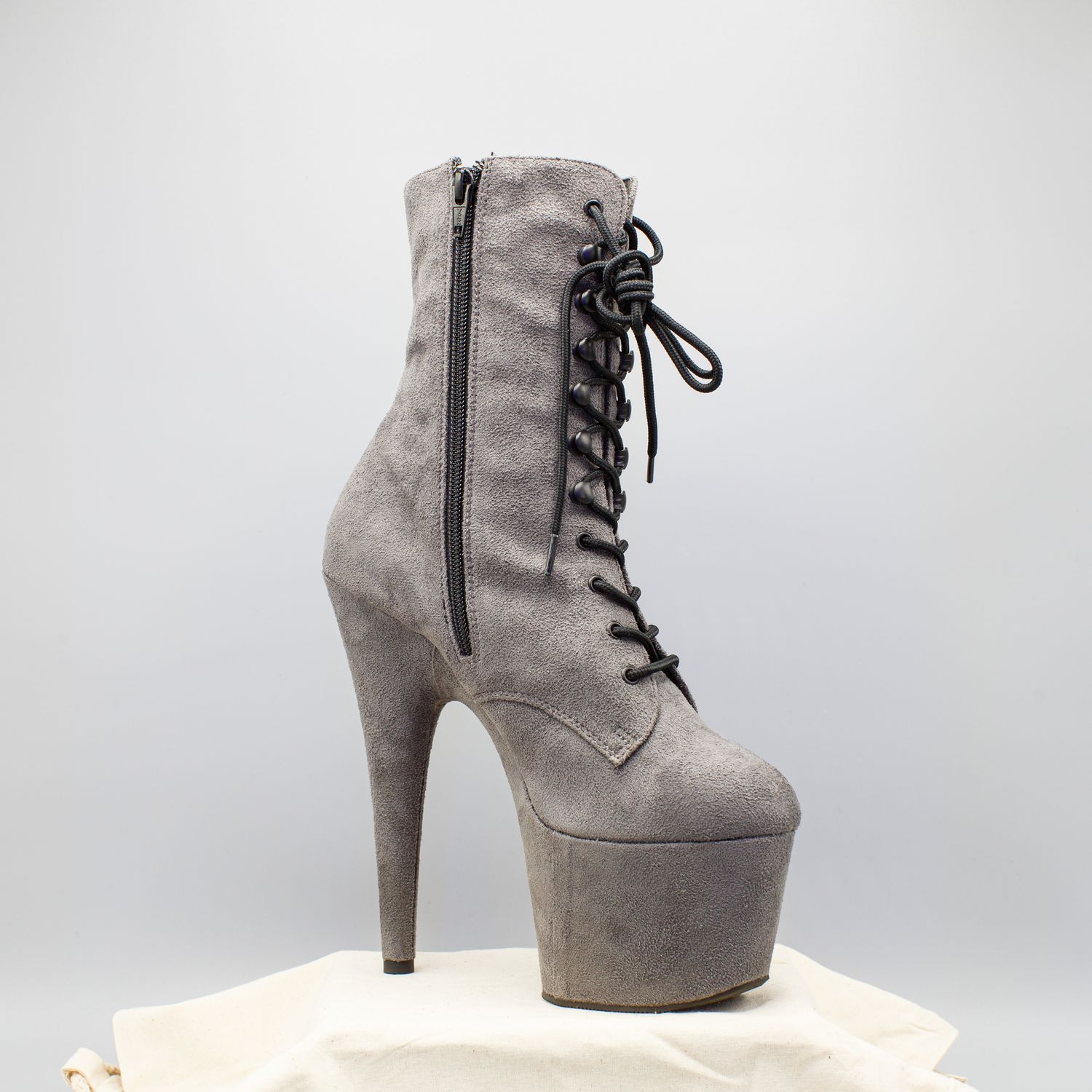 Grey Suede High Heel Platform Boots with Zipper