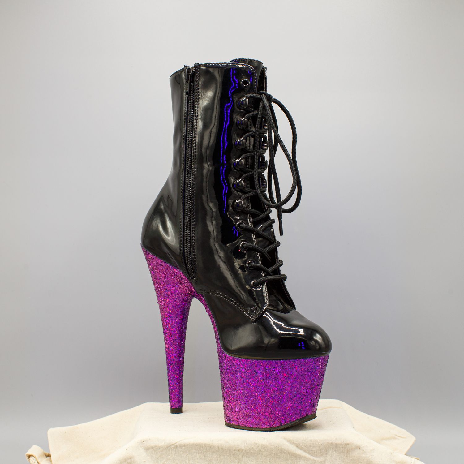 Black/Purple PVC High Heel Platform Boots with Zipper