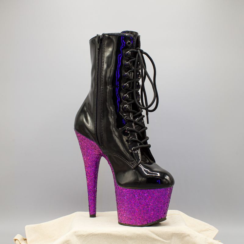 Black/Purple PVC High Heel Platform Boots with Zipper