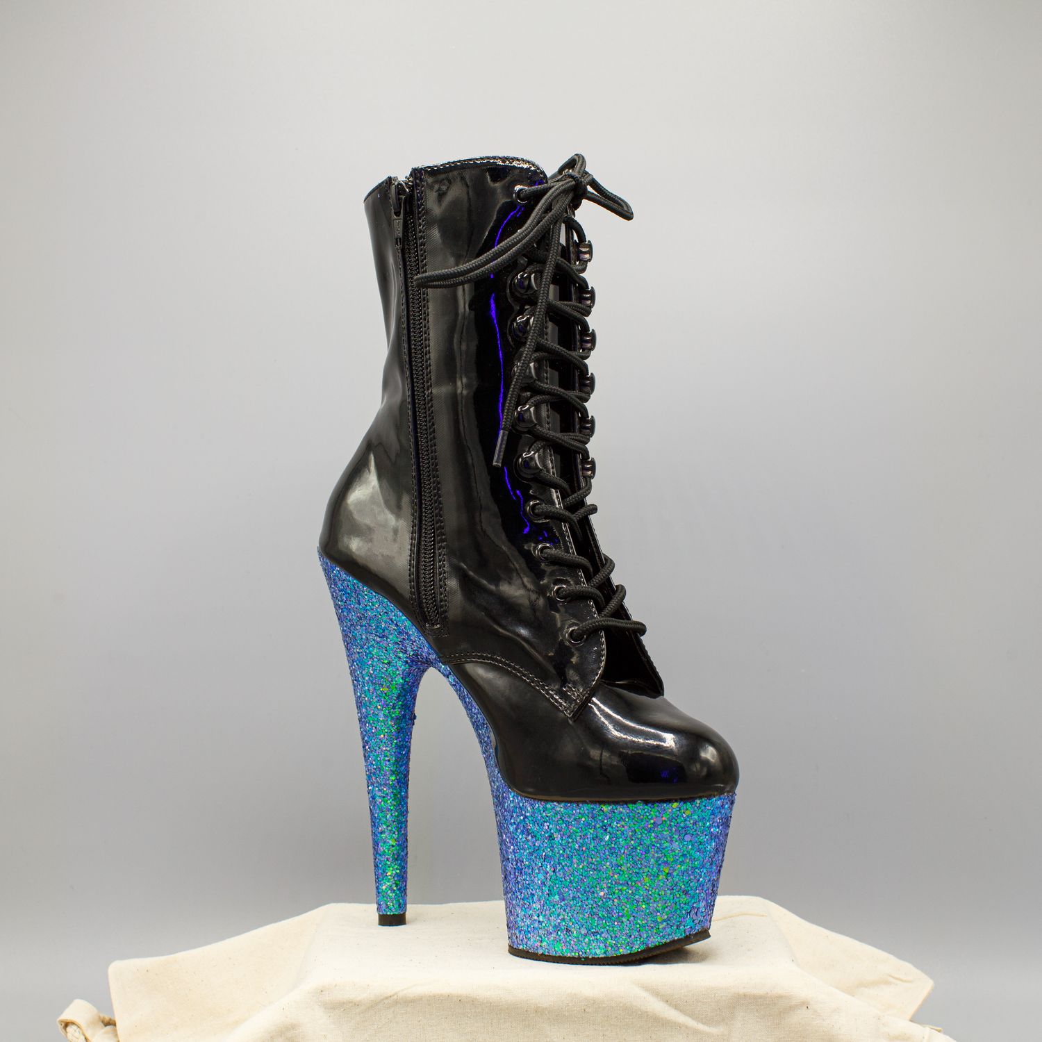 Black/Blue Glitter PVC High Heel Platform Boots with Zipper