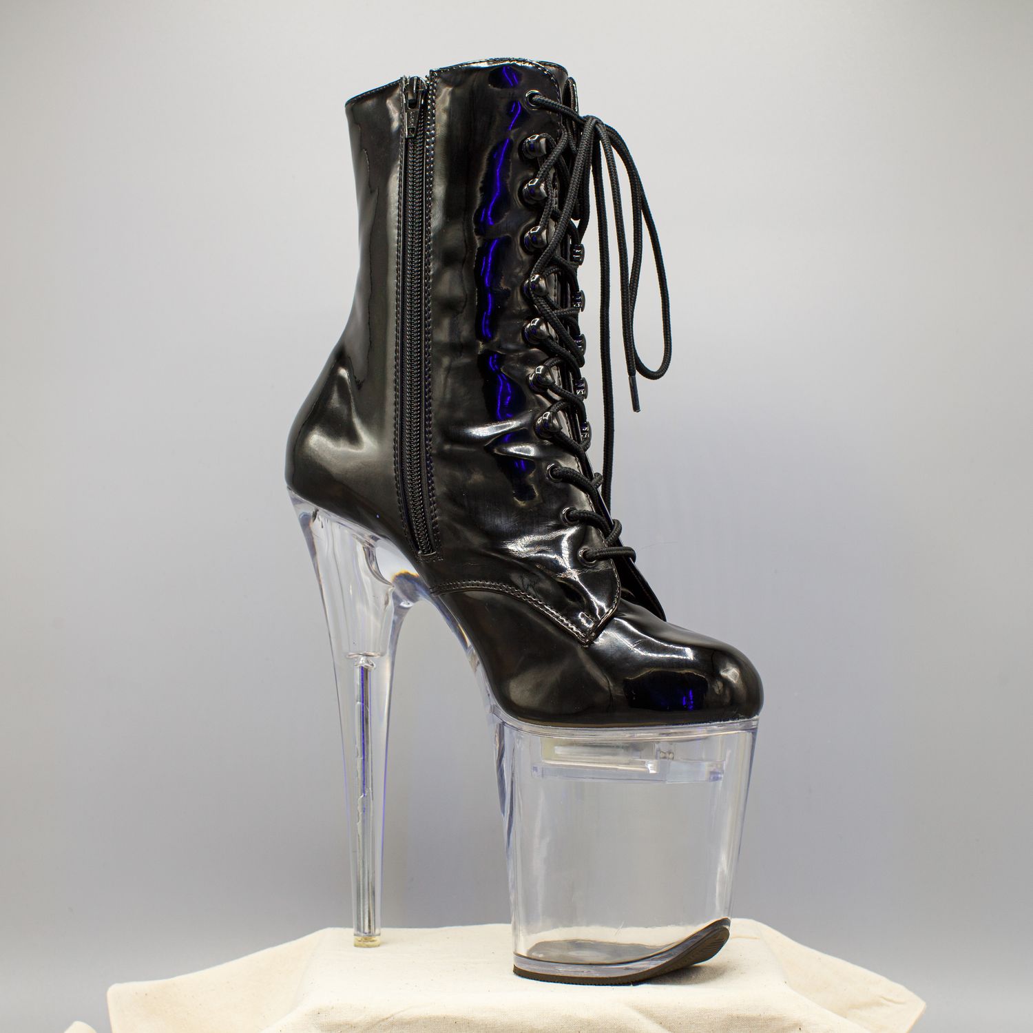 Black/Transparent PVC High Heel Platform Boots with Zipper