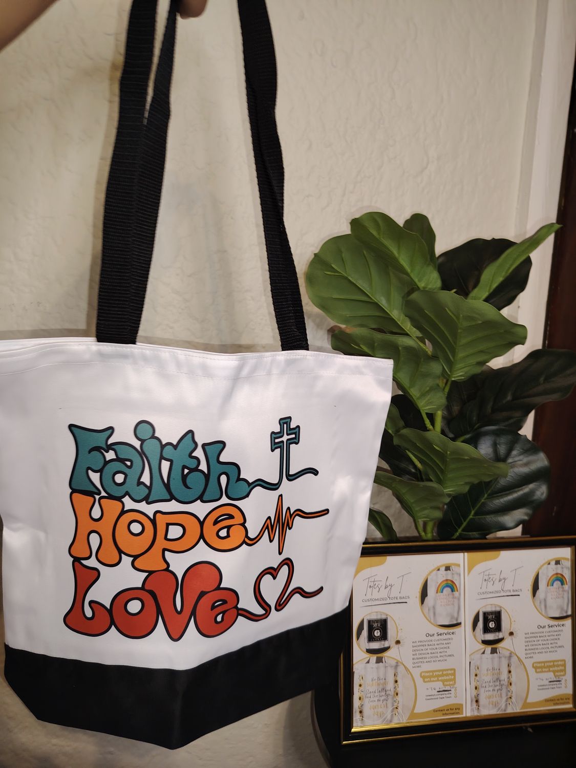 White and black customized tote bag