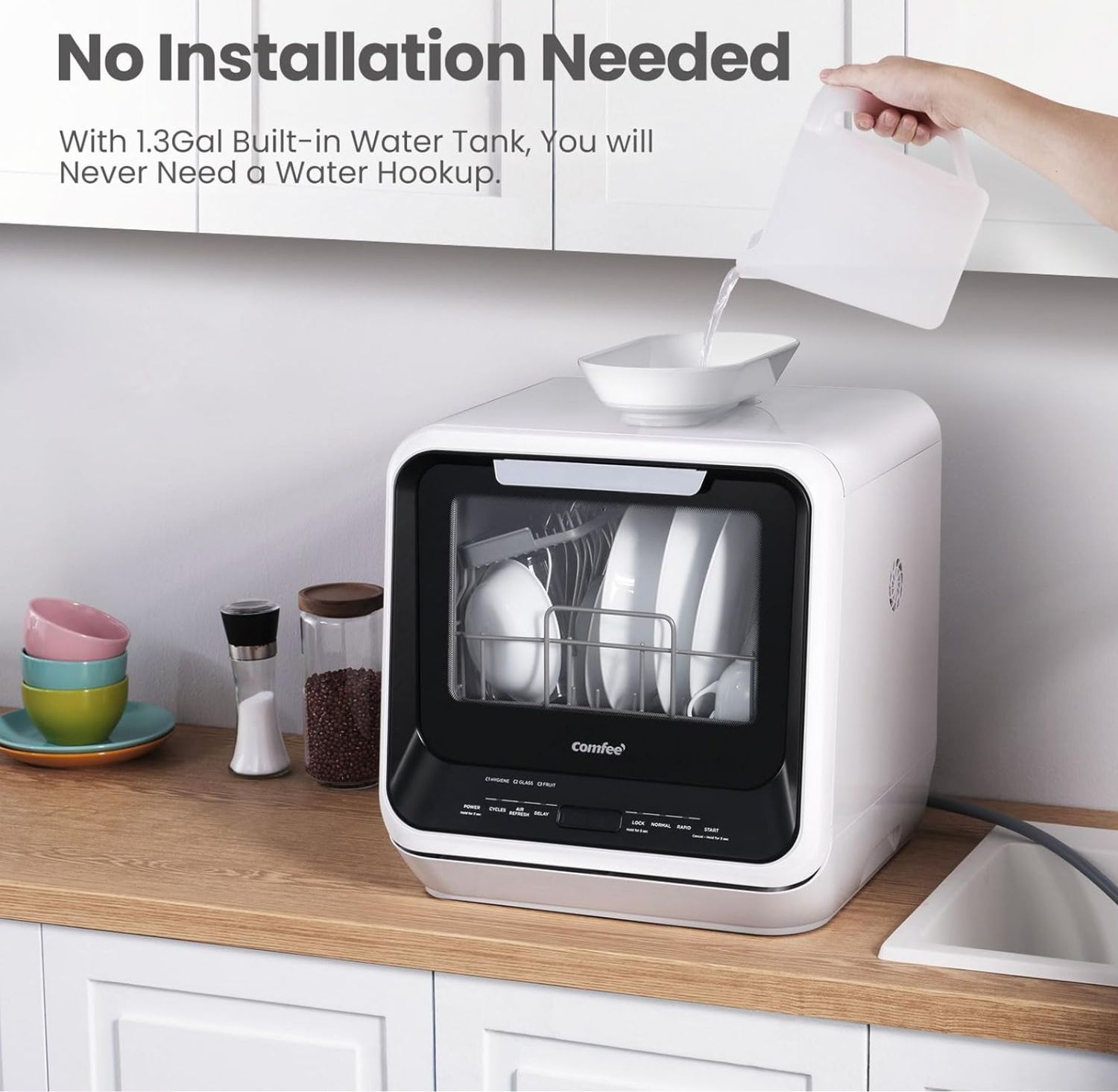 Portable Mini Dishwasher Countertop with 5L Built-in Water Tank for Apartments&amp; RVs, No Hookup Needed, 6 Programs, 360° Dual Spray