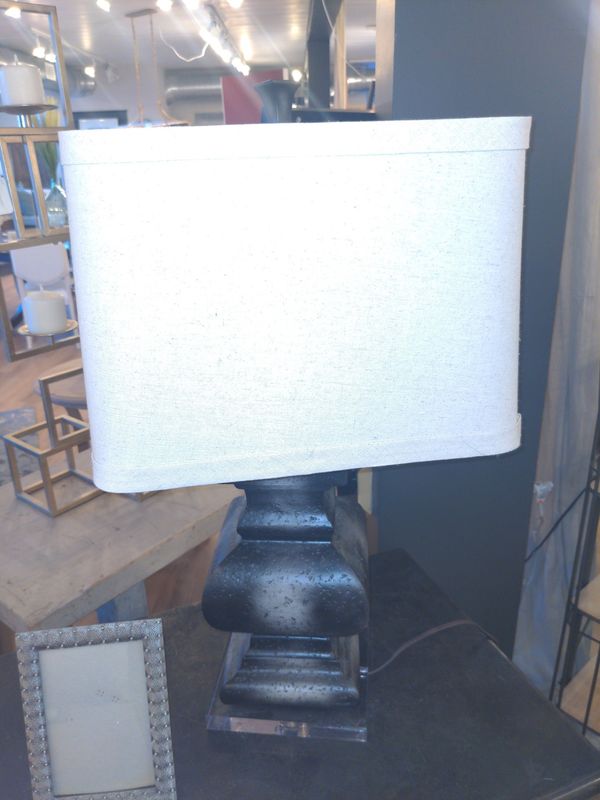 Lamp black, tan shade glass base