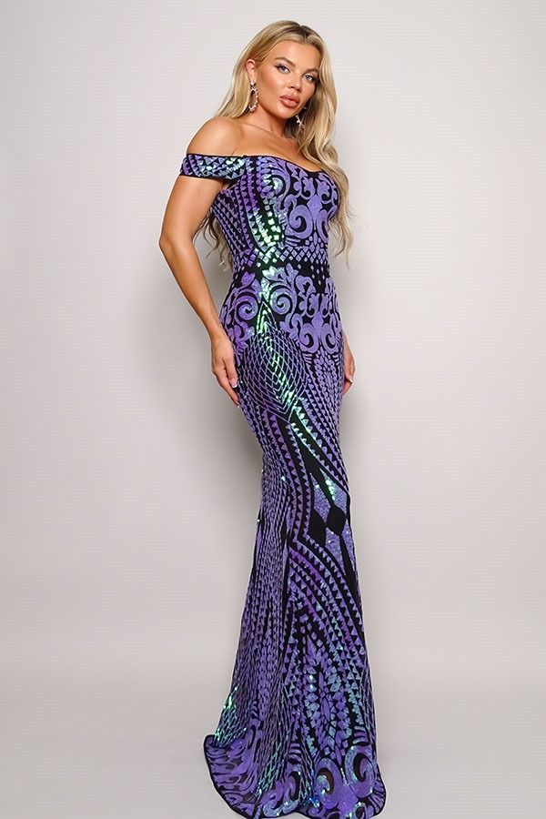 Shoulder-Baring Sequined Violet Evening Gown