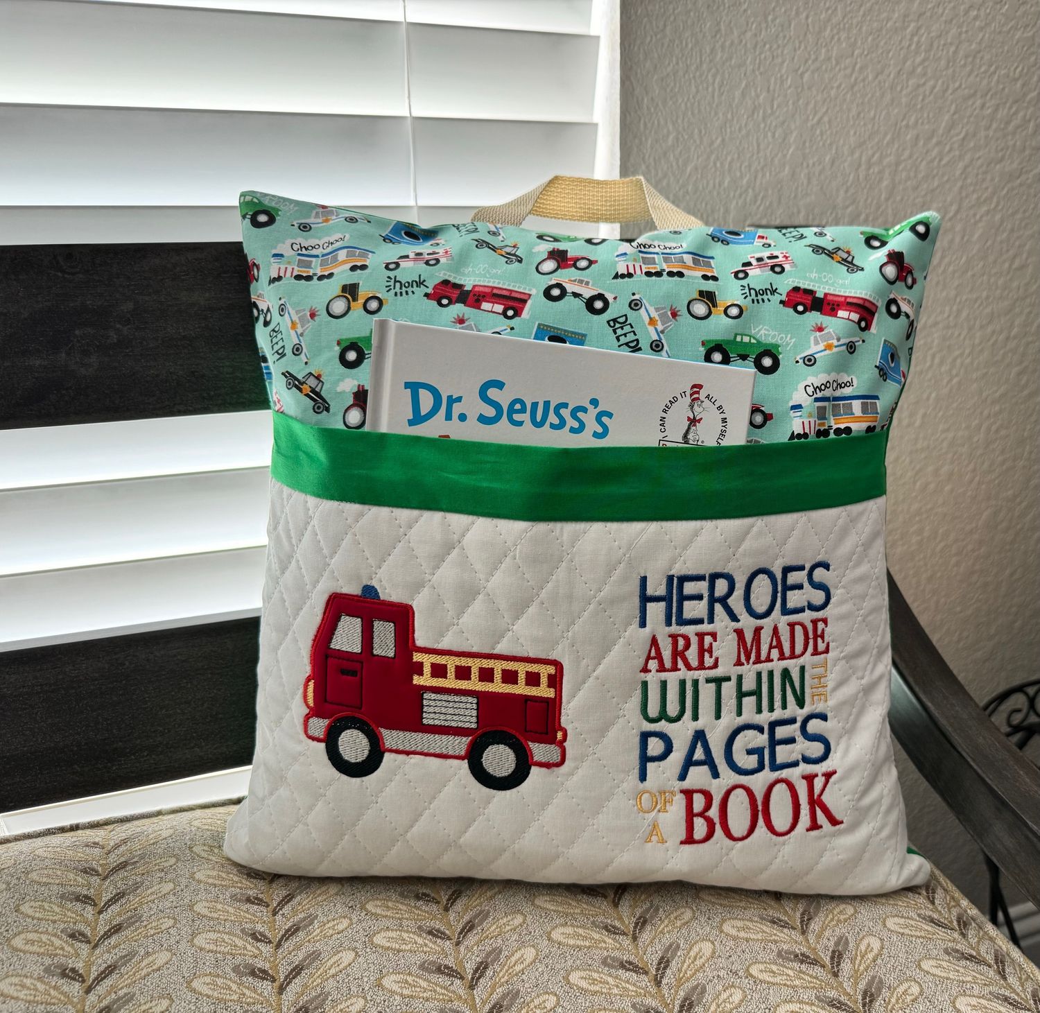 Kids’ Storytime Pillow–Quilted Book Holder Cushion for Boys-Fire Truck