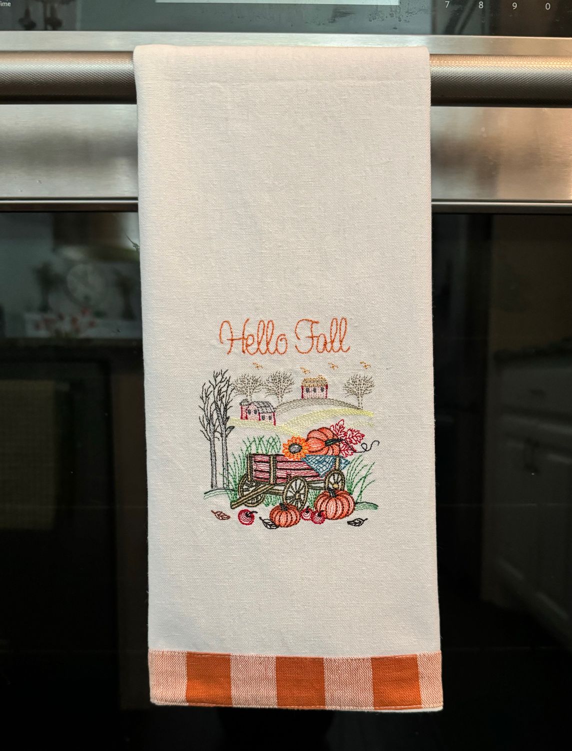 Hello Fall Cart, Embroidered Kitchen Towel
