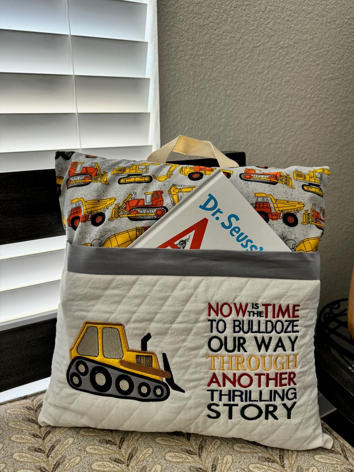 Kids’ Storytime Pillow–Quilted Book Holder Cushion for Boys-Bulldoze