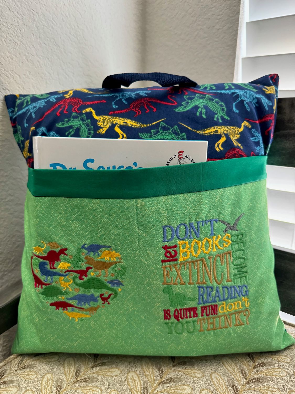 Kids’ Storytime Pillow–Quilted Book Holder Cushion for Boys-Dinosaurs