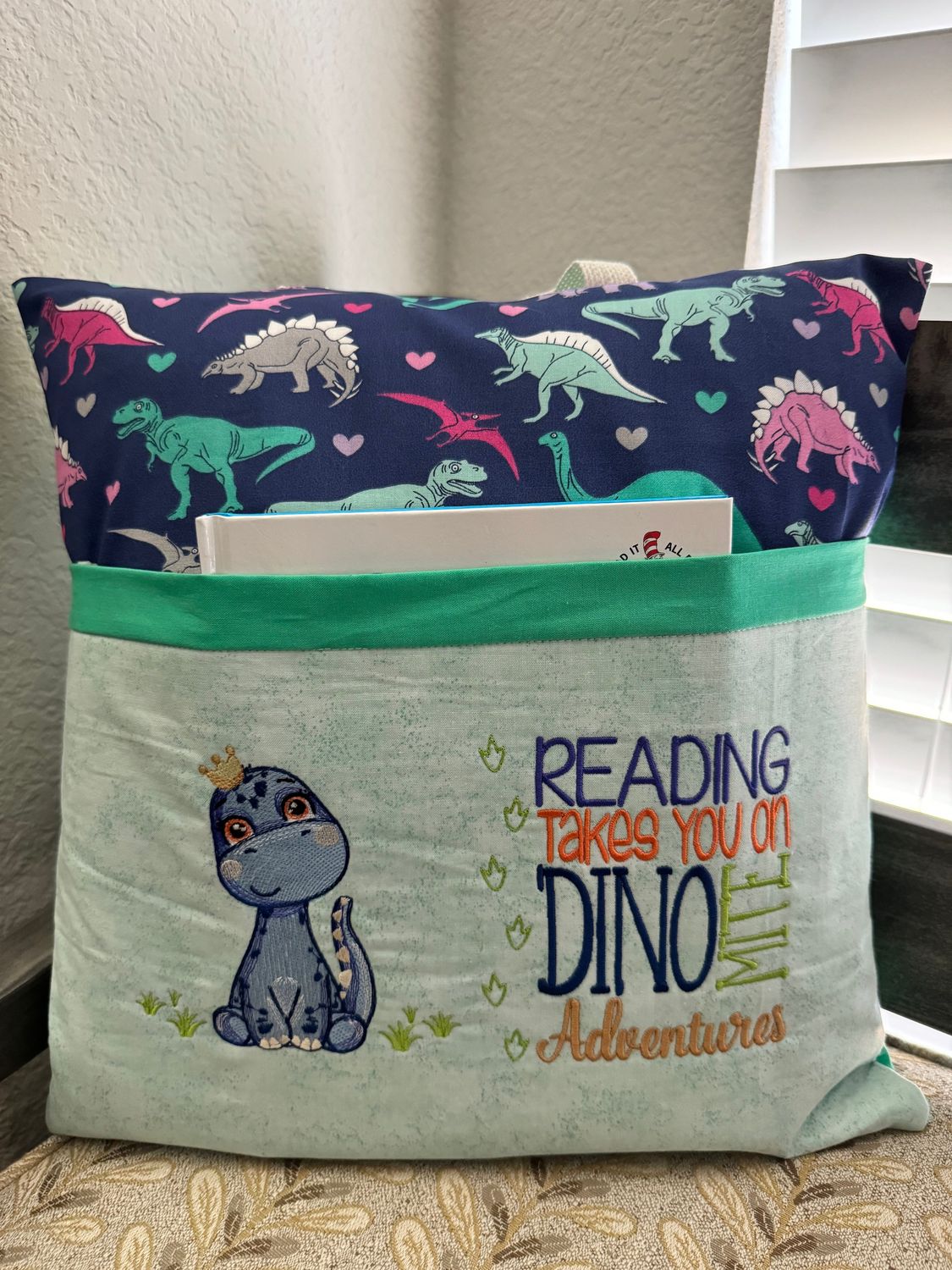Kids’ Storytime Pillow – Quilted Book Holder Cushion for Boys-Baby Dino Crown
