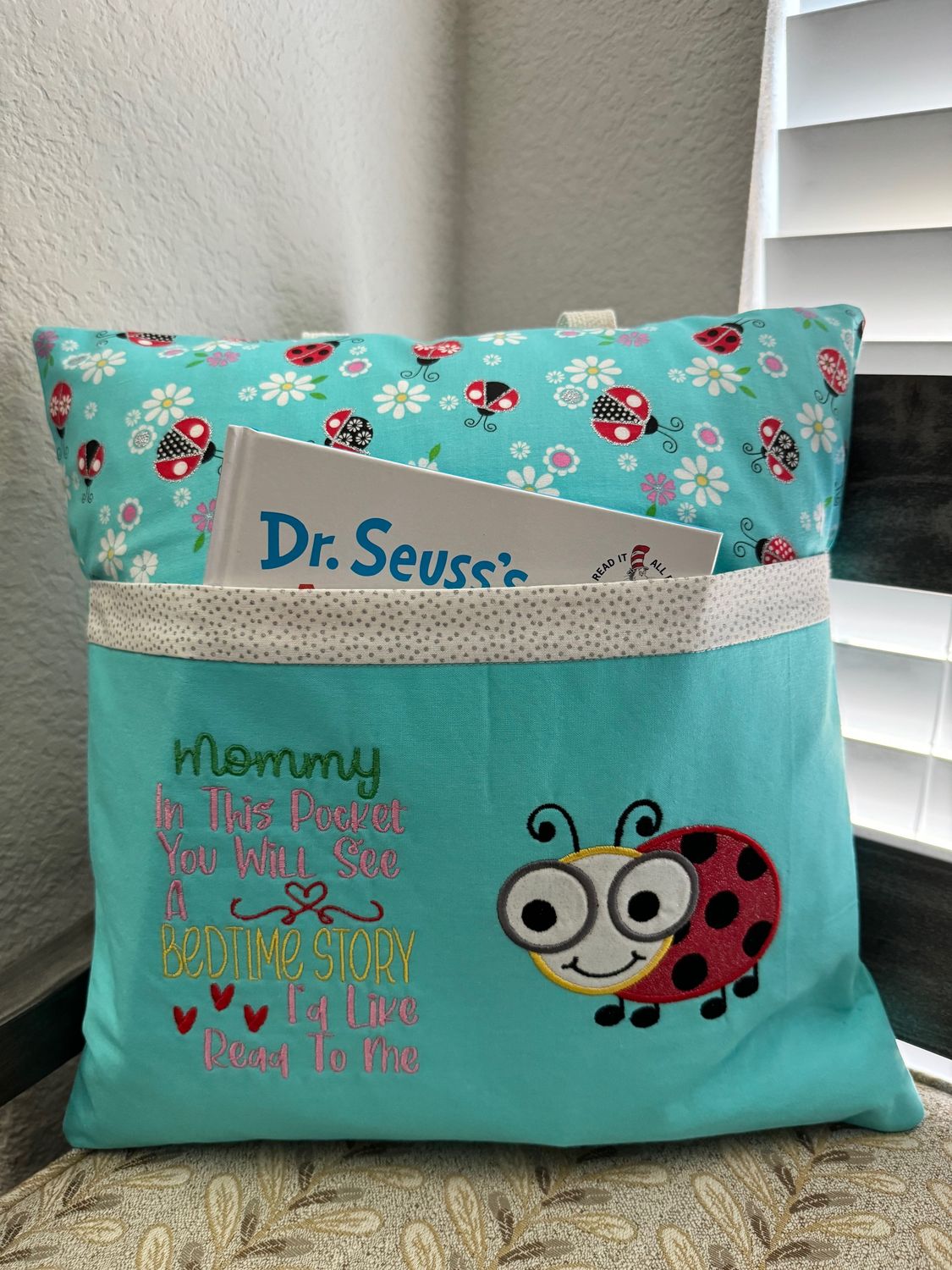 Kids’ Storytime Pillow–Quilted Book Holder Cushion for Girls-Lady Bug