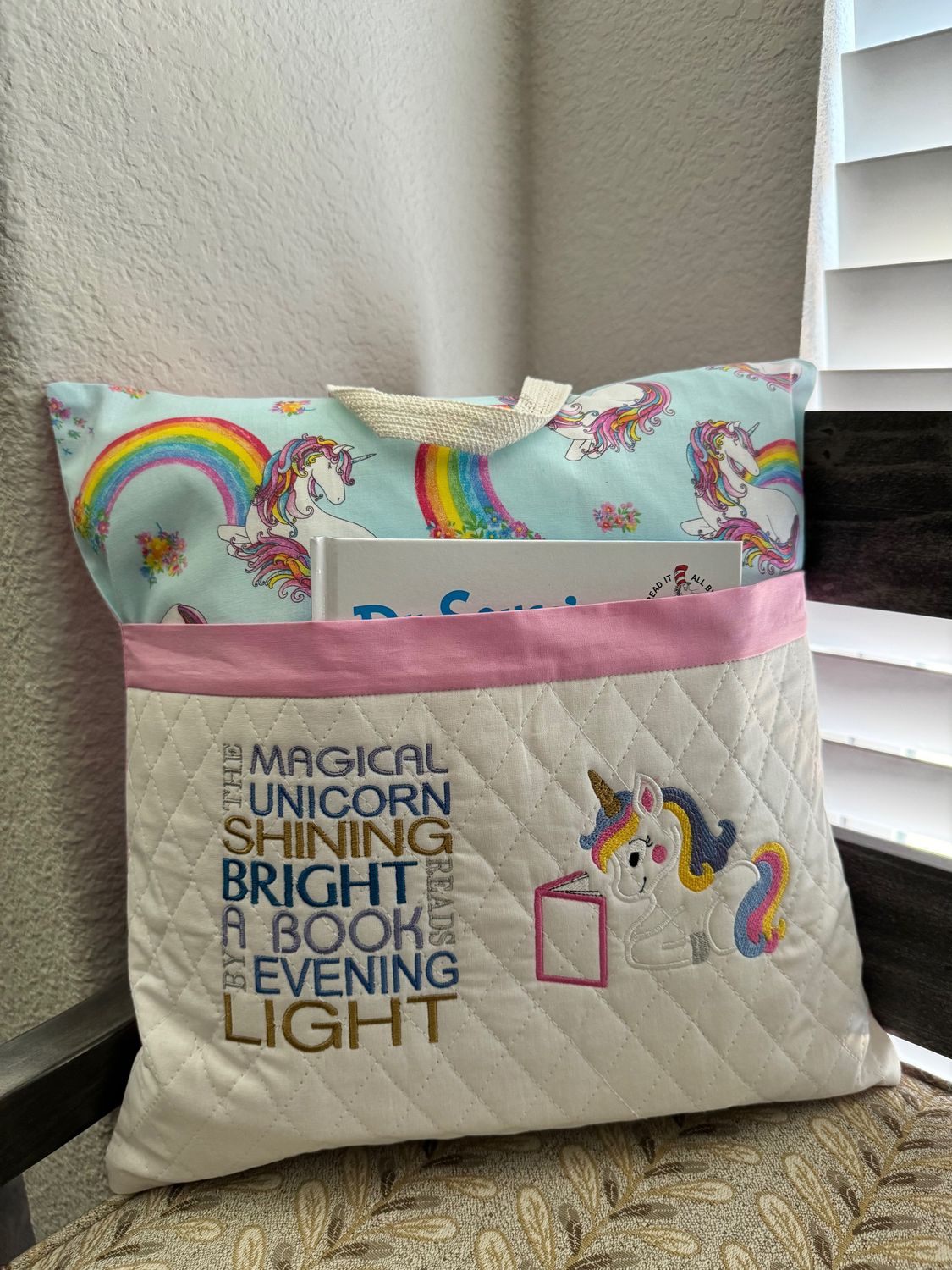 Kids’ Storytime Pillow–Quilted Book Holder Cushion for Girls-Unicorn Pink