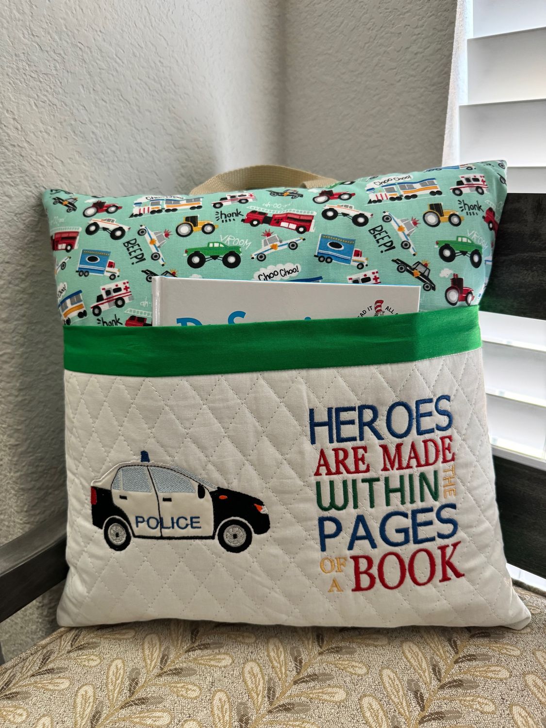 Kids’ Storytime Pillow–Quilted Book Holder Cushion for Boys-Police Car