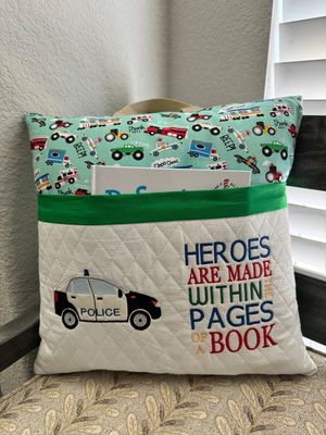 Kids’ Storytime Pillow–Quilted Book Holder Cushion for Boys-Police Car