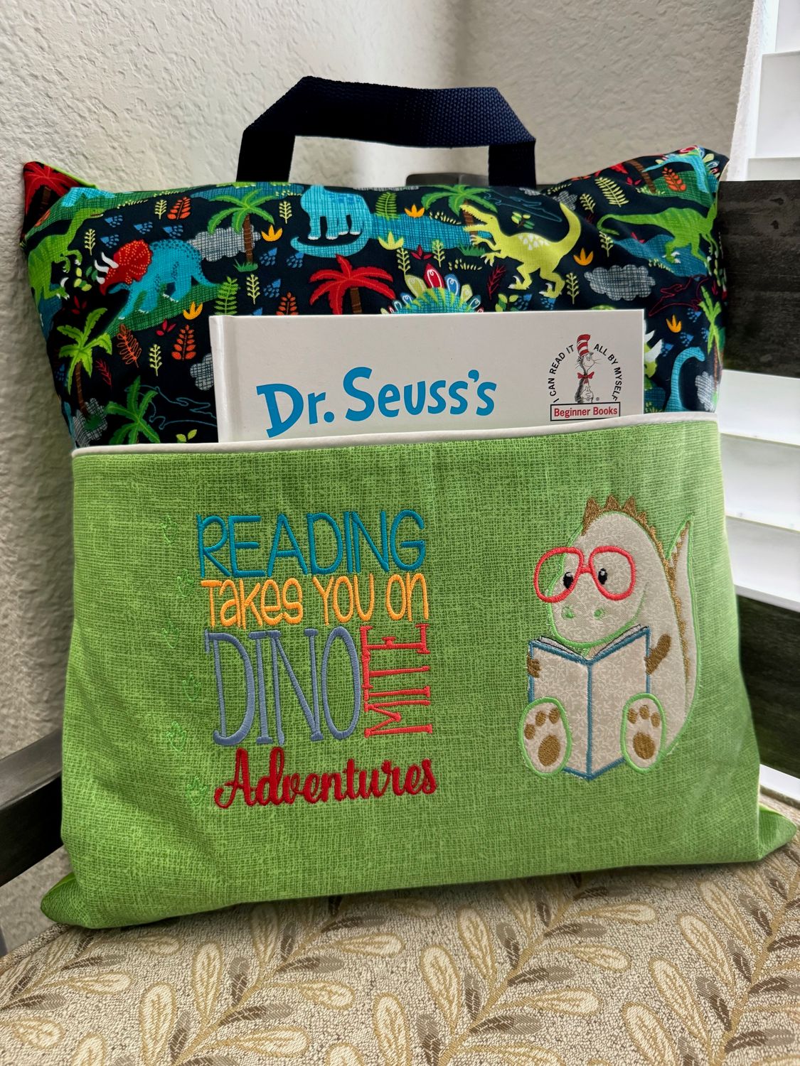Kids’ Storytime Pillow–Quilted Book Holder Cushion for Boys-Dinosaur