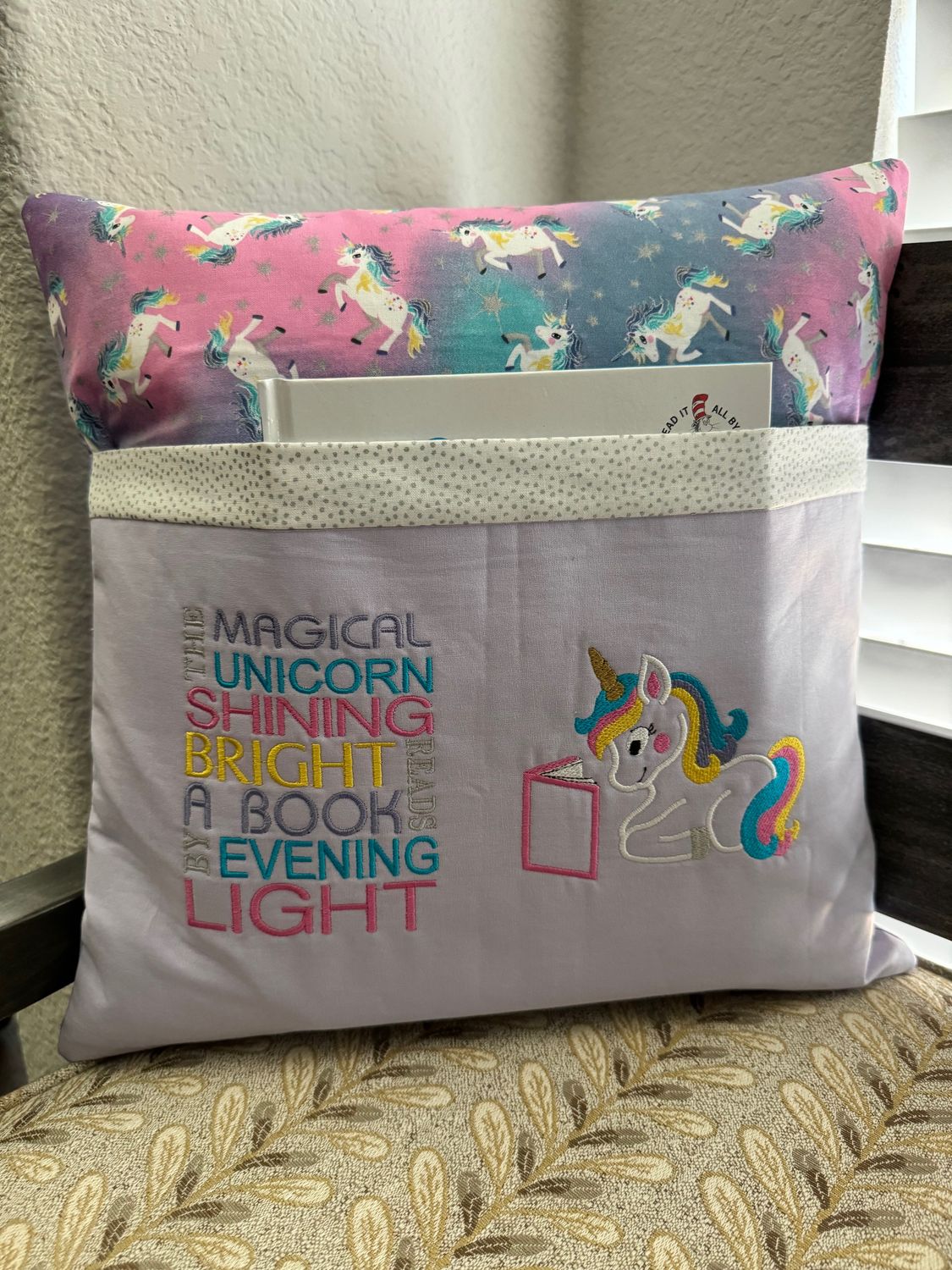 Kids’ Storytime Pillow–Quilted Book Holder Cushion for Girls-Unicorn Lavender
