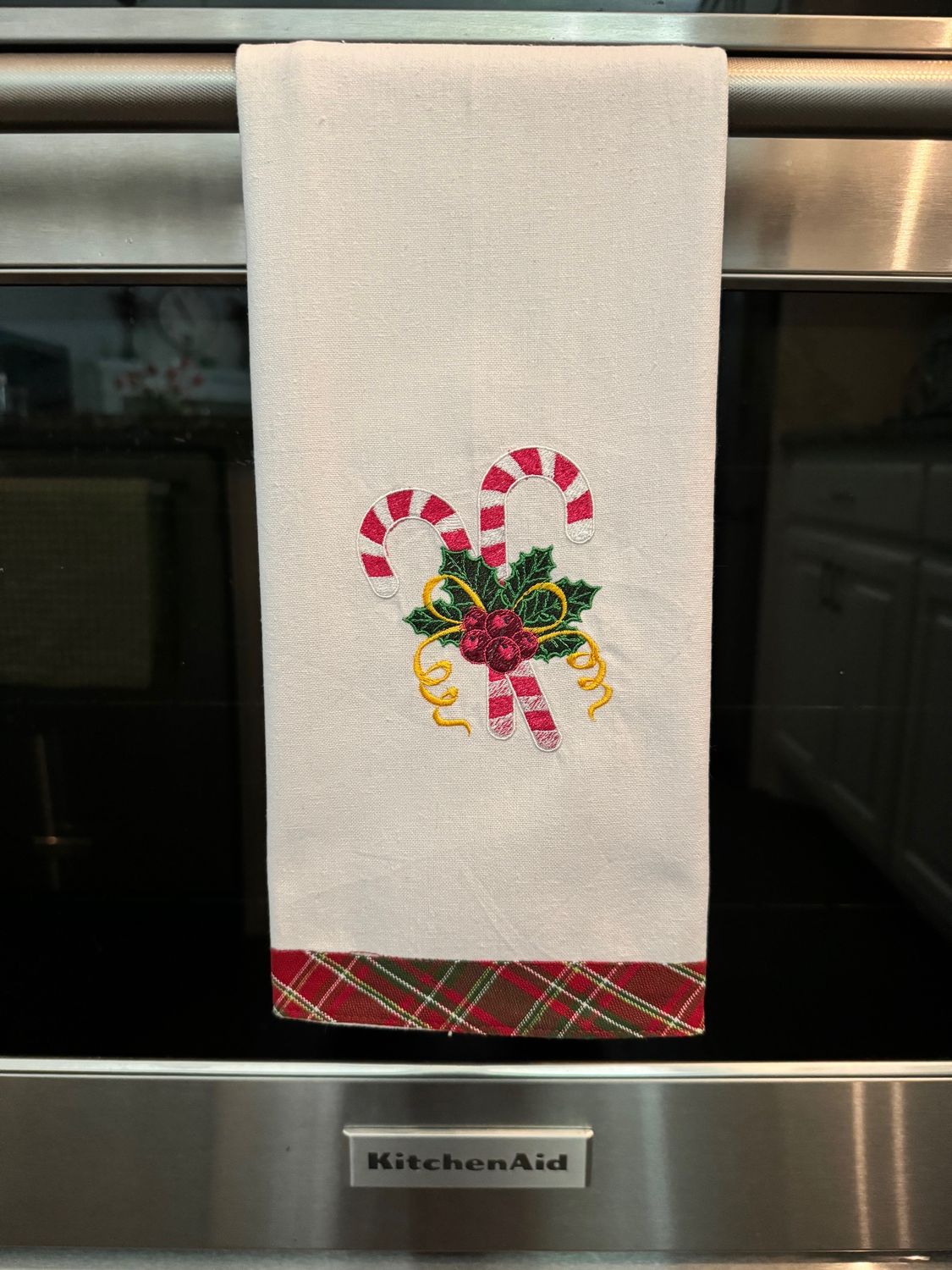 Rustic Christmas Dish Towel-Candy Cane &amp; Holly Embroidery