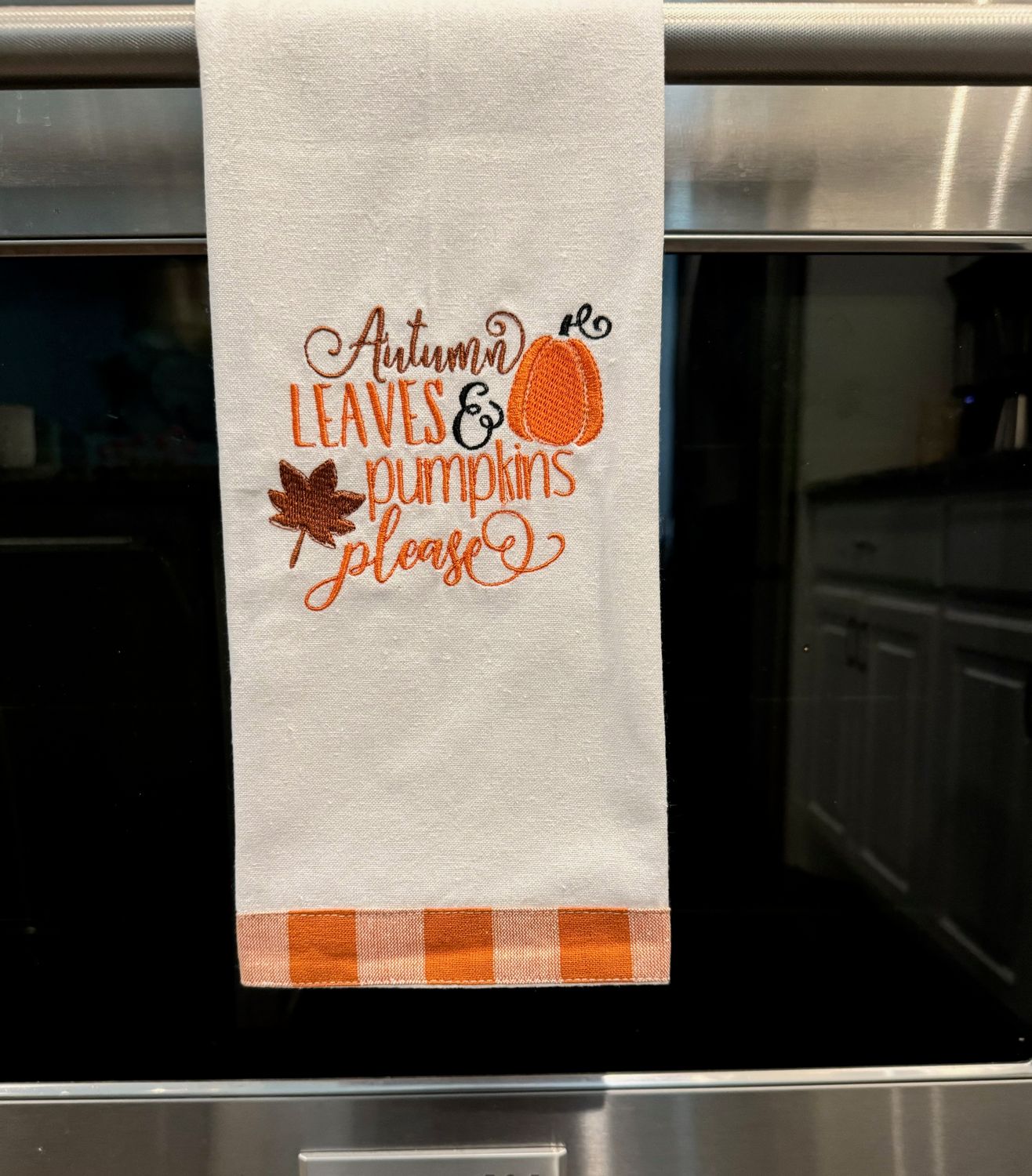 Fall Kitchen Towel–Autumn Leaves &amp; Pumpkins-Seasonal Dish Towel