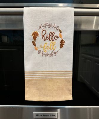 Hello Fall, Embroidered Kitchen Towel