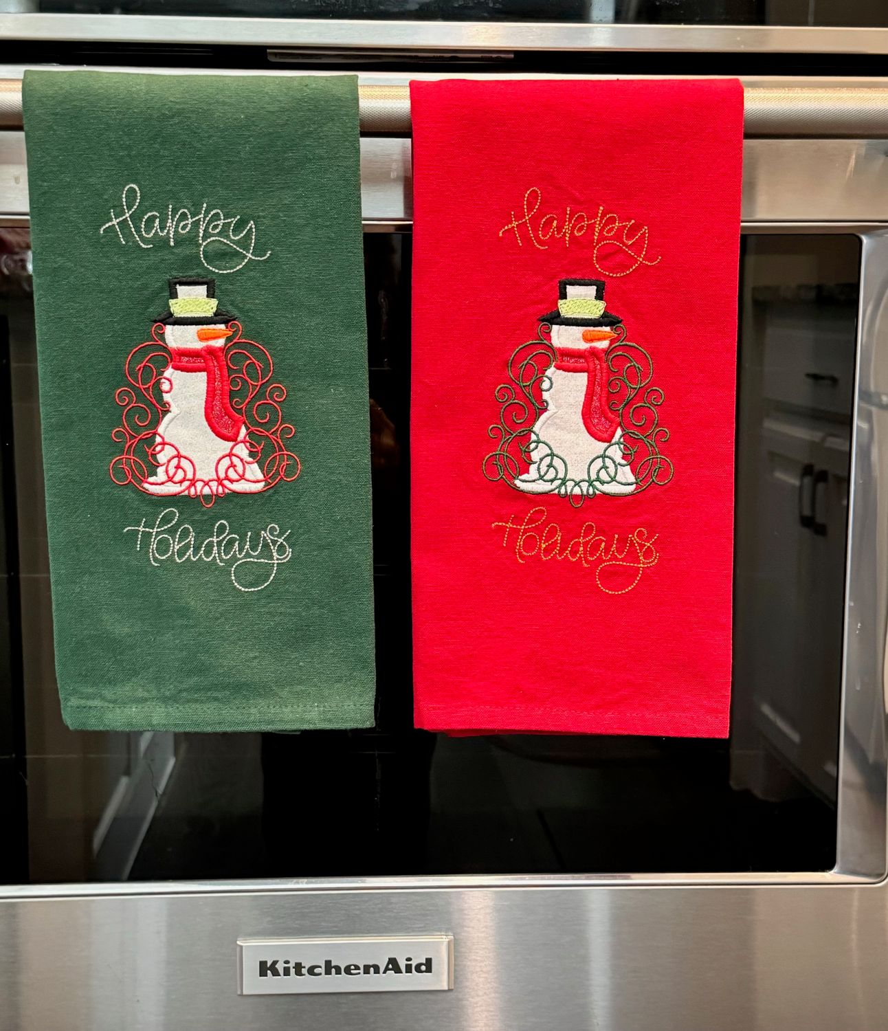 Happy Holidays, Snowman_Embroidered, Appliquéd Kitchen Towel