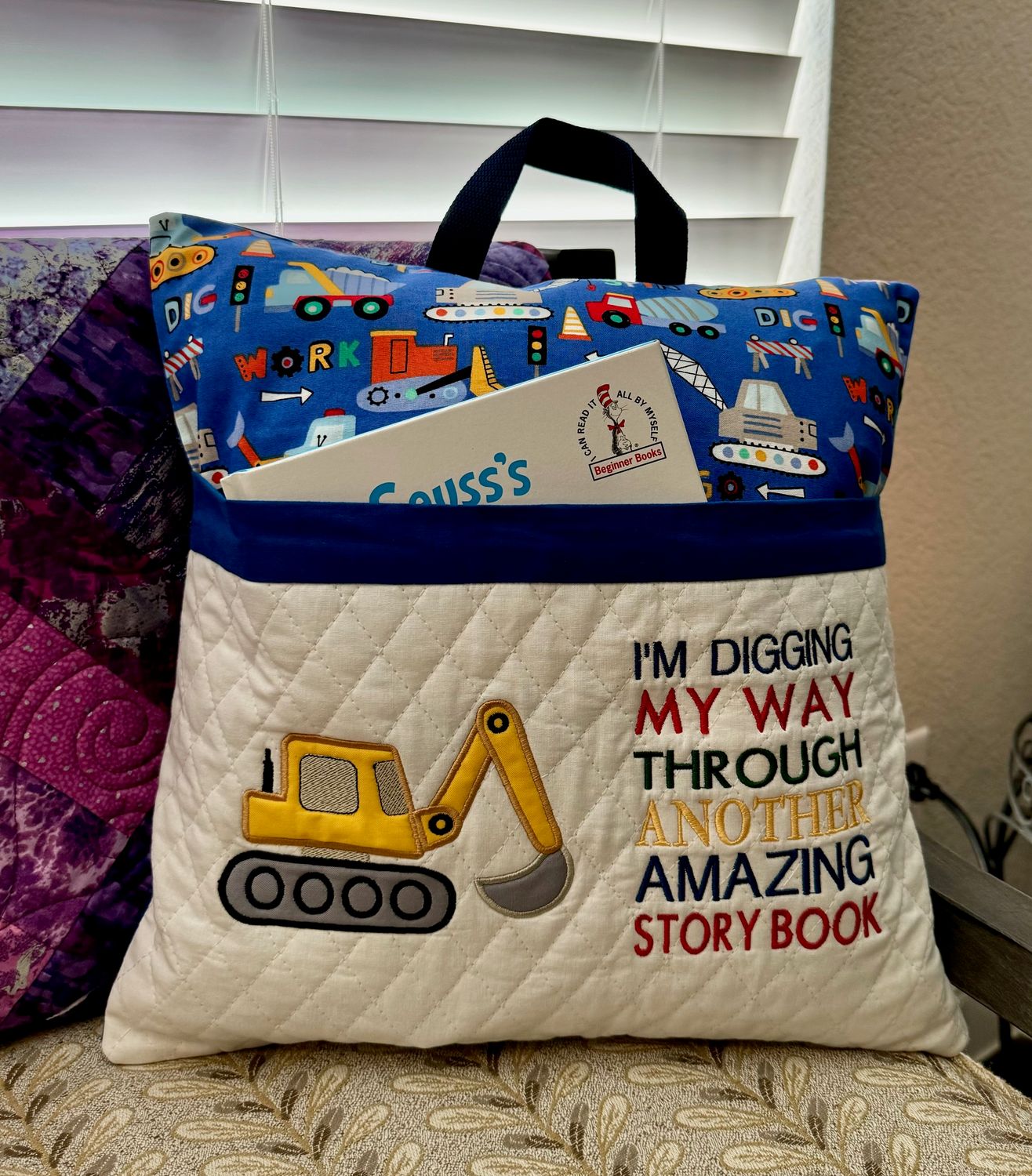 Kids’ Storytime Pillow–Quilted Book Holder Cushion for Boys-Digging