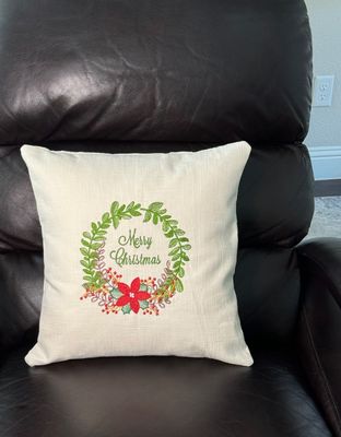 Christmas Wreath, Embroidered Poinsettia or Ribbon Pillow