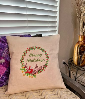 Christmas Wreath, Embroidered Cardinal Pillow