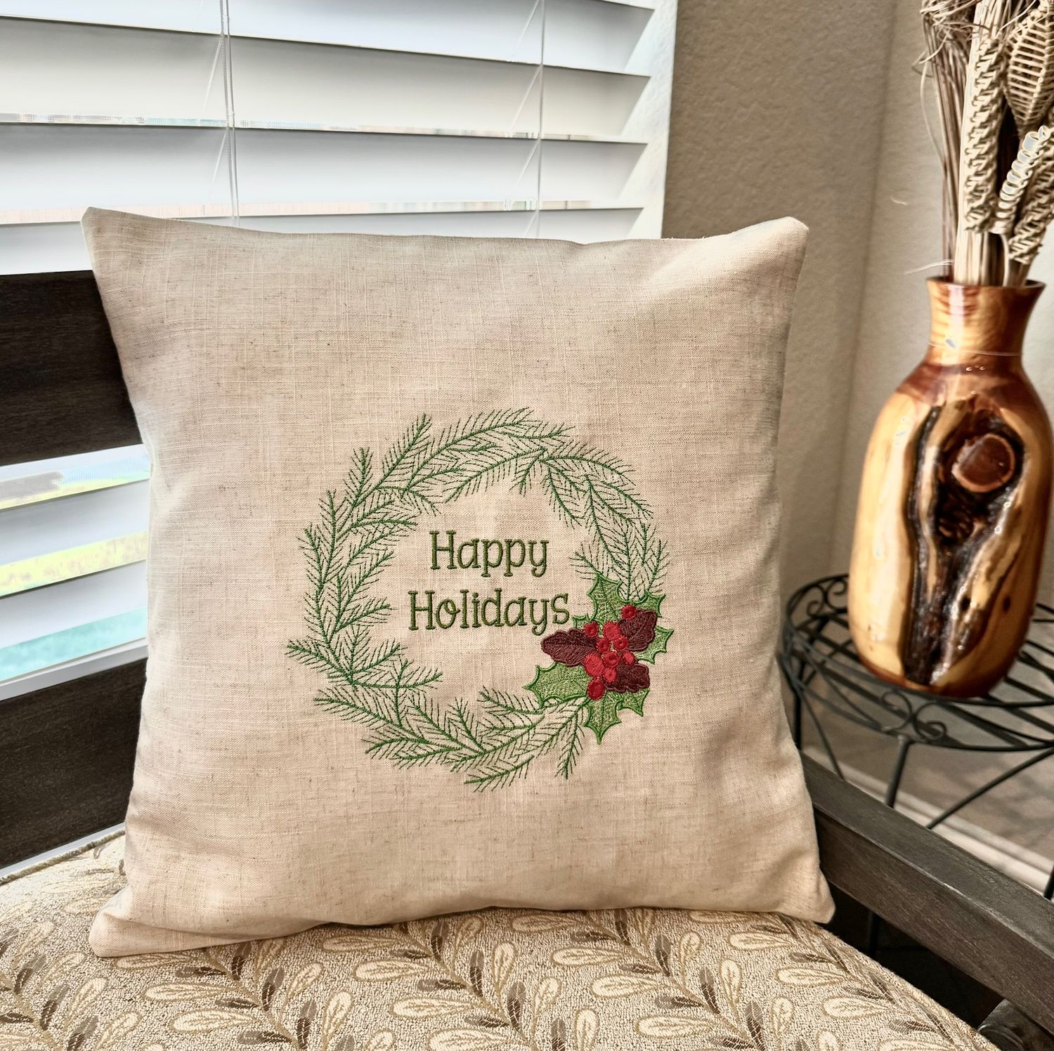 Christmas Wreath, Embroidered Cedar Sprigs and Pinecones