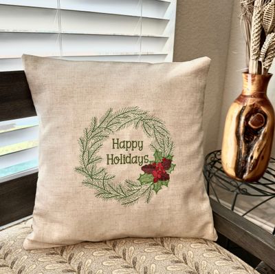 Christmas Wreath, Embroidered Cedar Sprigs and Pinecones