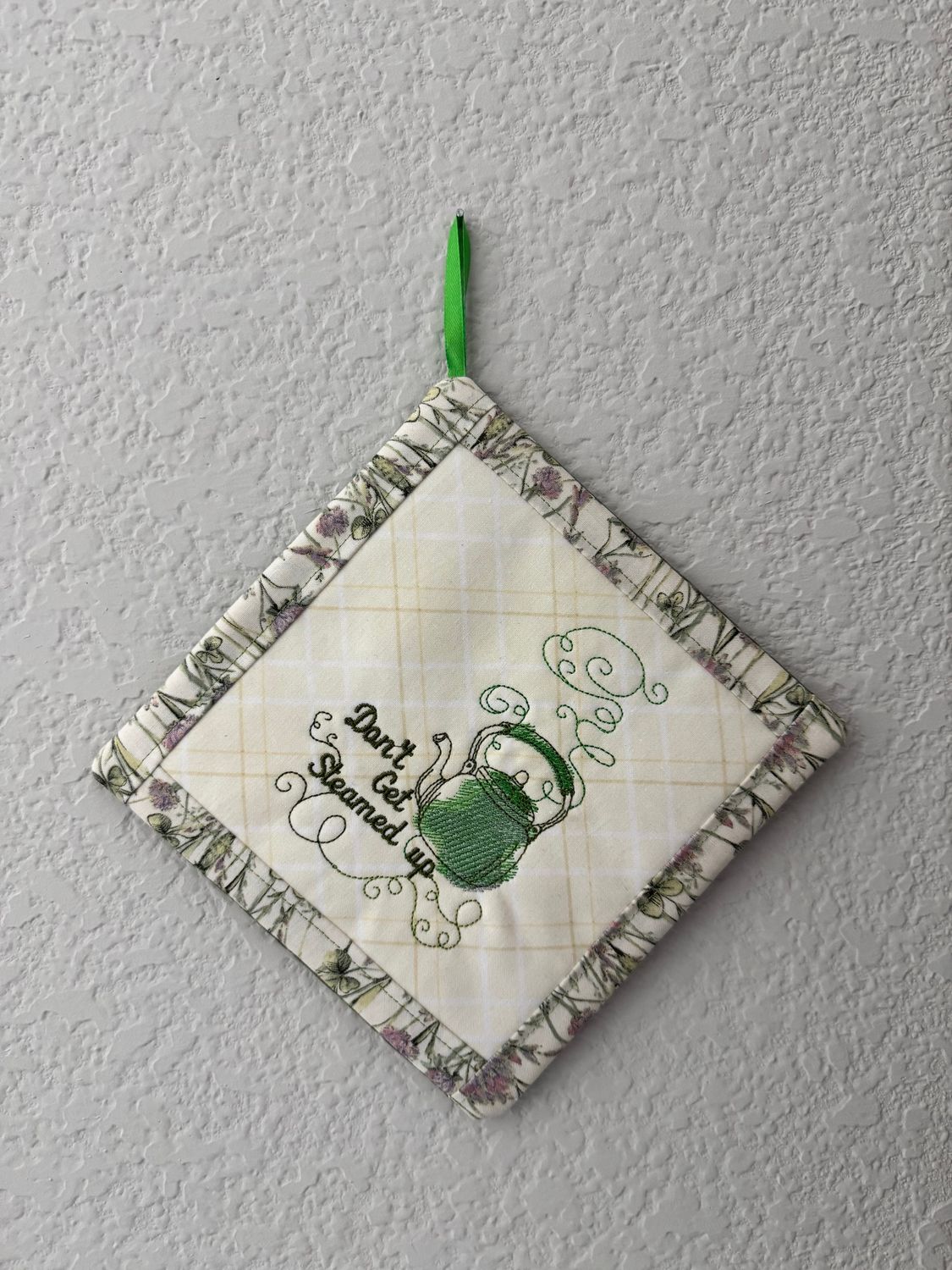 Embroidered Teapot Potholder - Handmade Kitchen Hot Pad