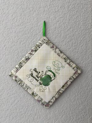 Embroidered Teapot Potholder - Handmade Kitchen Hot Pad