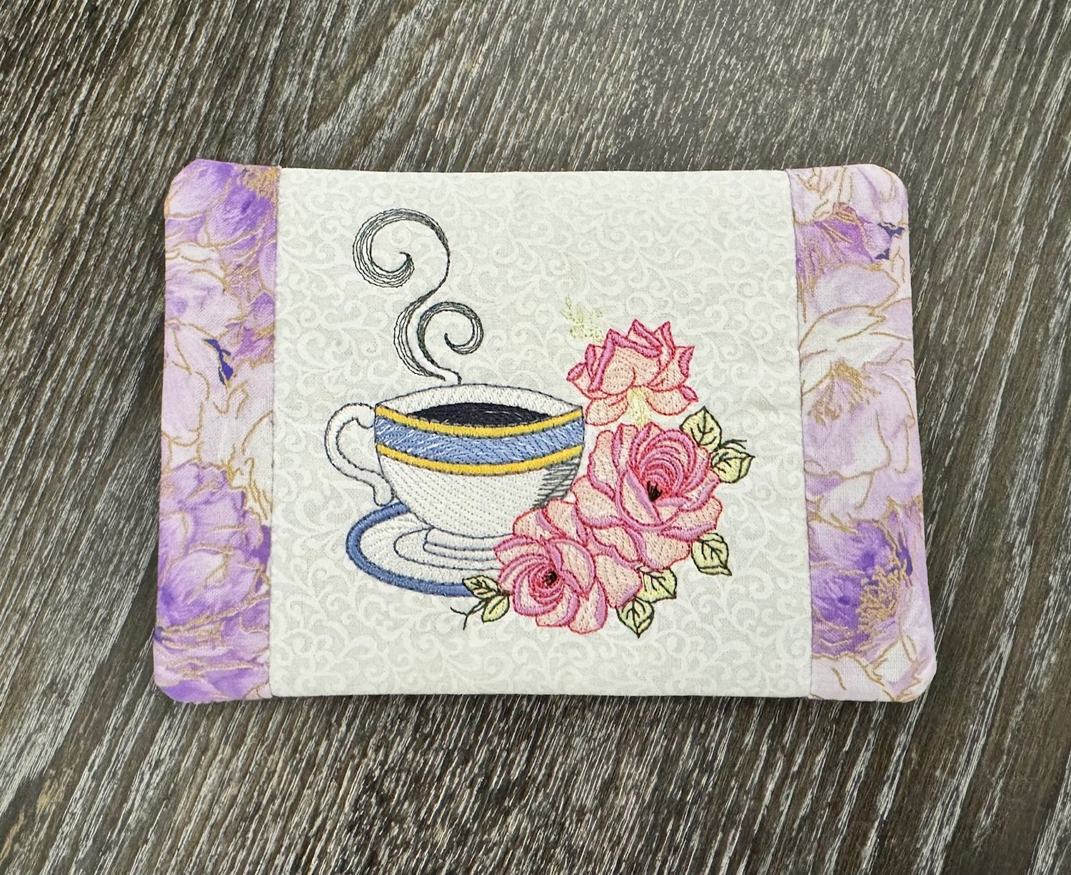 Handmade Embroidered Mug Rug–Coffee Lover Gift-Floral Quilted Coaster