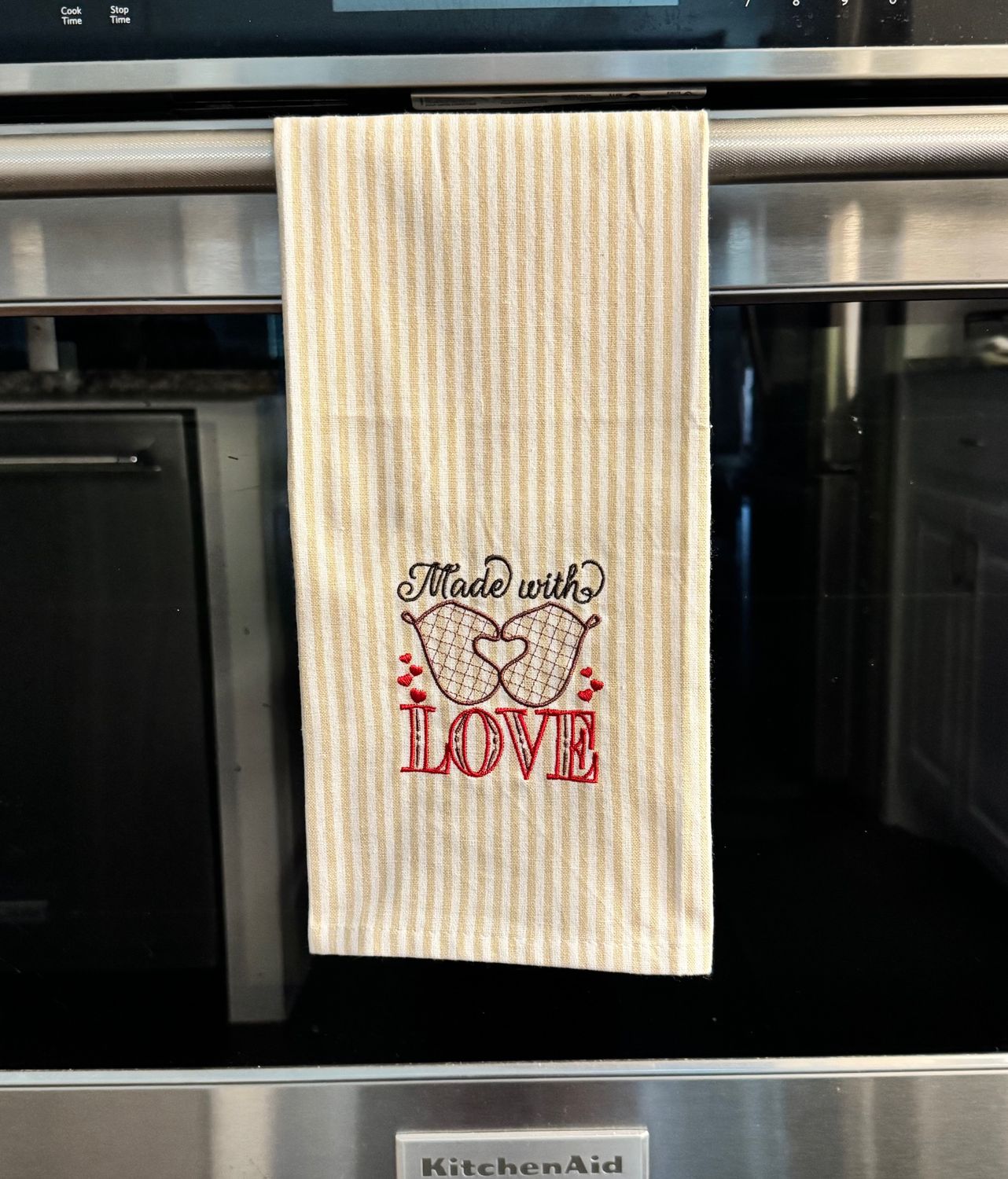 Made with Love Embroidered Kitchen Towel–Heart Oven Mitt Design