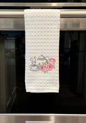 Embroidered Tea Towel with Teapot and Roses – Cottagecore Kitchen Decor