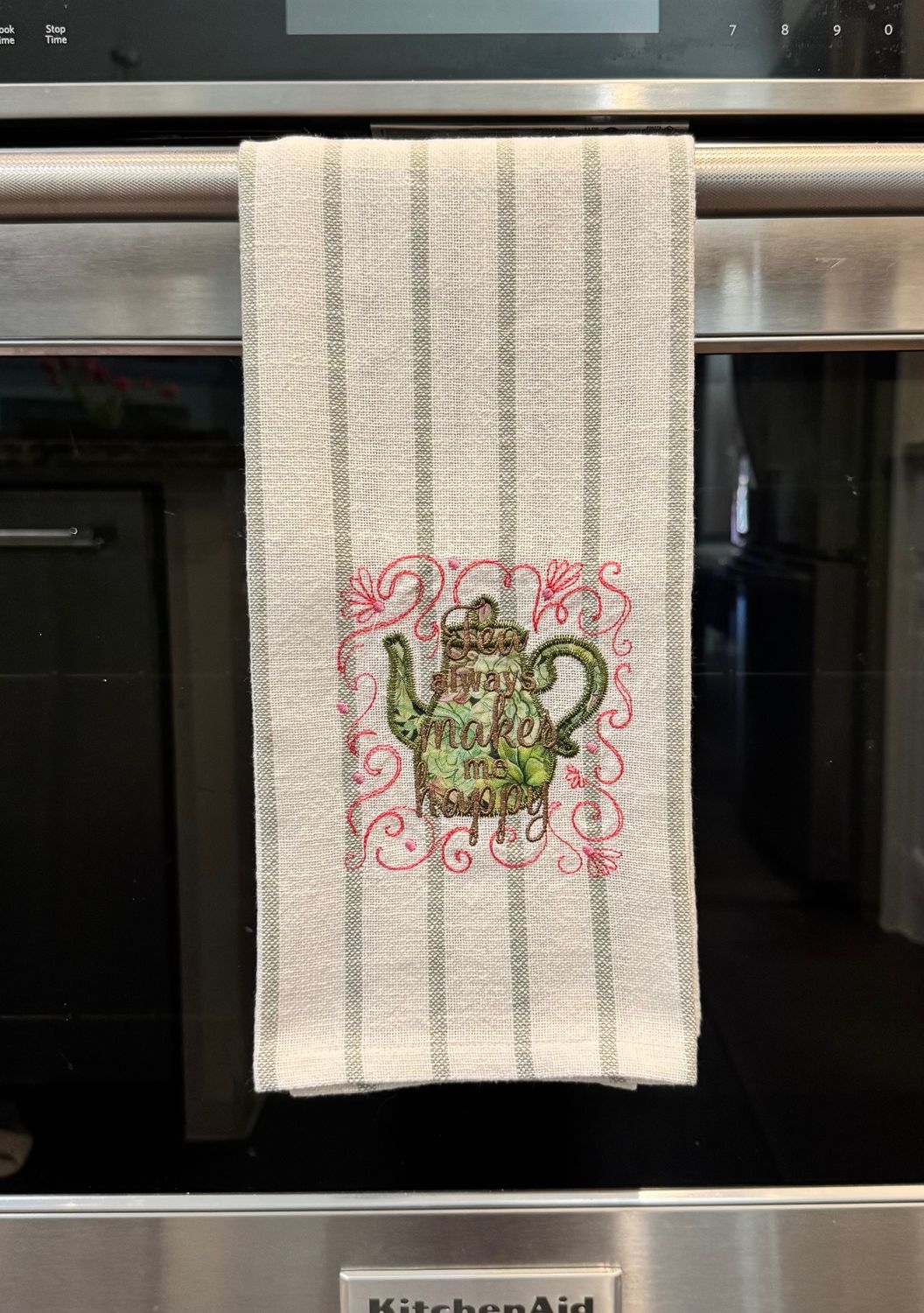 Embroidered Tea Kitchen Towel Cotton Striped Dish Towel, Gift for Tea Lovers, Handmade Tea Decor