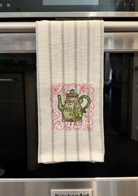 Embroidered Tea Kitchen Towel Cotton Striped Dish Towel, Gift for Tea Lovers, Handmade Tea Decor