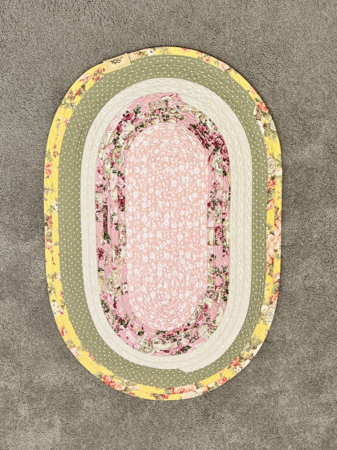 Handmade Jelly Roll Rug–Oval Fabric Rug in Pastel Floral-Unique Handmade Accent Rug