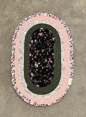 Handmade Jelly Roll Rug – Oval Fabric Rug in Black, Green &amp; Pink Florals | Farmhouse Cottagecore Shabby Chic Home Decor